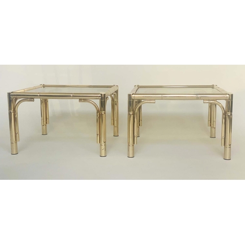 104 - LAMP TABLES, a pair gilt metal faux bamboo with glazed tops, 63cm W x 63cm D x 41cm H.