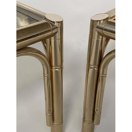 104 - LAMP TABLES, a pair gilt metal faux bamboo with glazed tops, 63cm W x 63cm D x 41cm H.