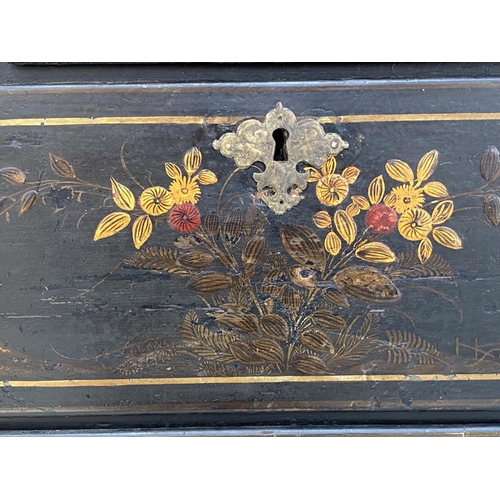 105 - CHEST, English 18th century Queen Anne, black lacquered and gilt Chinoiserie decorated with three sh... 