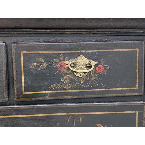 105 - CHEST, English 18th century Queen Anne, black lacquered and gilt Chinoiserie decorated with three sh... 