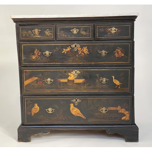 105 - CHEST, English 18th century Queen Anne, black lacquered and gilt Chinoiserie decorated with three sh... 