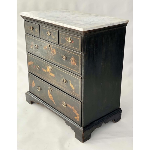 105 - CHEST, English 18th century Queen Anne, black lacquered and gilt Chinoiserie decorated with three sh... 