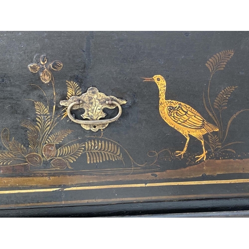 105 - CHEST, English 18th century Queen Anne, black lacquered and gilt Chinoiserie decorated with three sh... 