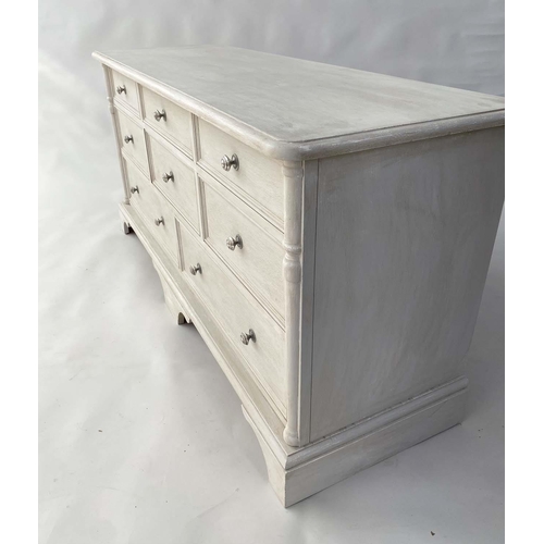 108 - LOW CHEST, Georgian style traditionally grey painted with eight short drawers, 144cm W x 44cm D x 71... 