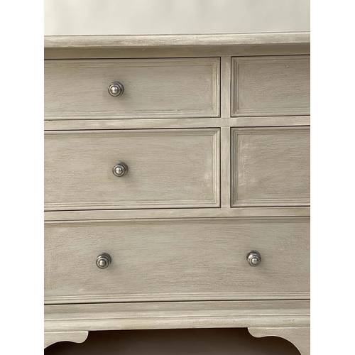 108 - LOW CHEST, Georgian style traditionally grey painted with eight short drawers, 144cm W x 44cm D x 71... 