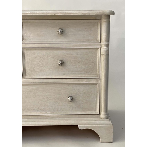 108 - LOW CHEST, Georgian style traditionally grey painted with eight short drawers, 144cm W x 44cm D x 71... 