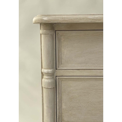 108 - LOW CHEST, Georgian style traditionally grey painted with eight short drawers, 144cm W x 44cm D x 71... 