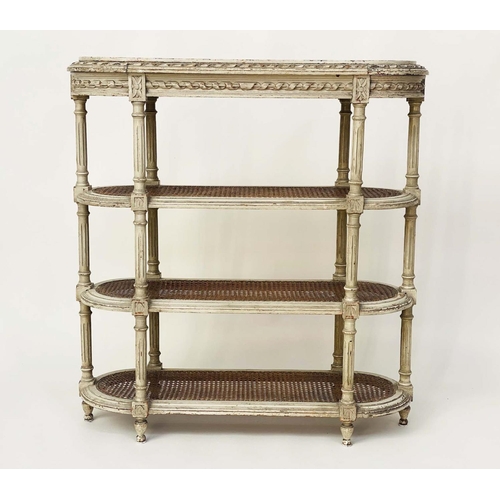 110 - ETAGERE, late 19th century French grey painted with marble top and cane shelves, 78cm W x 30cm D x 8... 