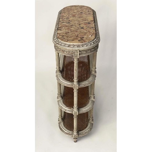 110 - ETAGERE, late 19th century French grey painted with marble top and cane shelves, 78cm W x 30cm D x 8... 