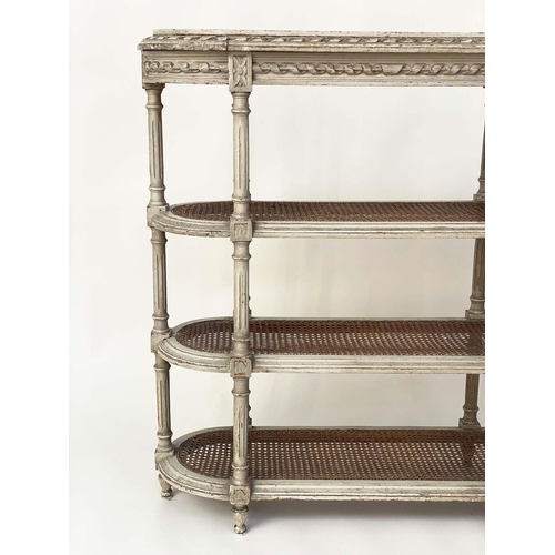 110 - ETAGERE, late 19th century French grey painted with marble top and cane shelves, 78cm W x 30cm D x 8... 