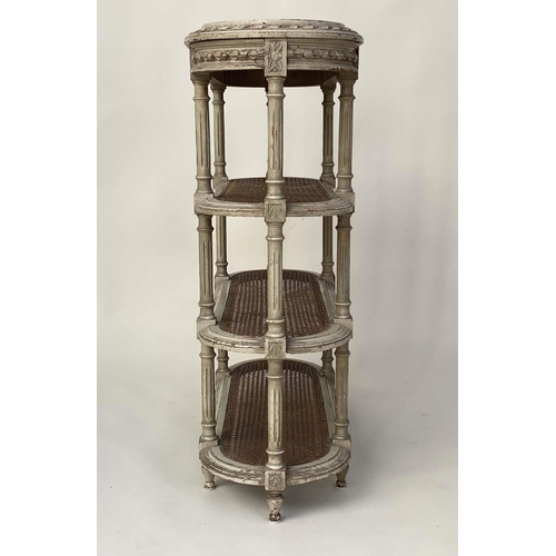 110 - ETAGERE, late 19th century French grey painted with marble top and cane shelves, 78cm W x 30cm D x 8... 