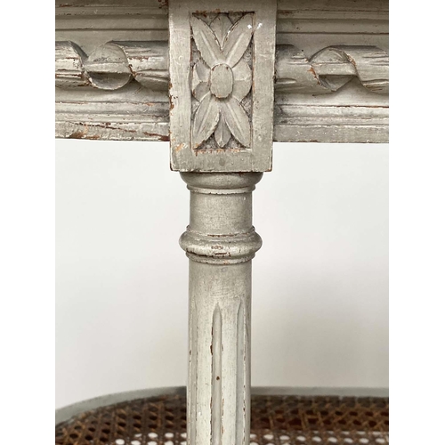 110 - ETAGERE, late 19th century French grey painted with marble top and cane shelves, 78cm W x 30cm D x 8... 