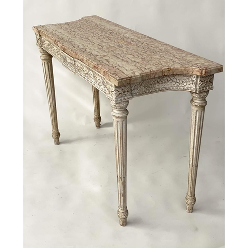 112 - CONSOLE TABLE, French Louis XVI style with variegated striated marble on carved and painted two draw... 