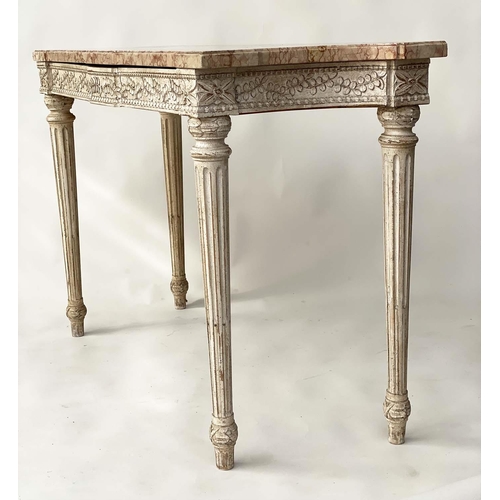 112 - CONSOLE TABLE, French Louis XVI style with variegated striated marble on carved and painted two draw... 