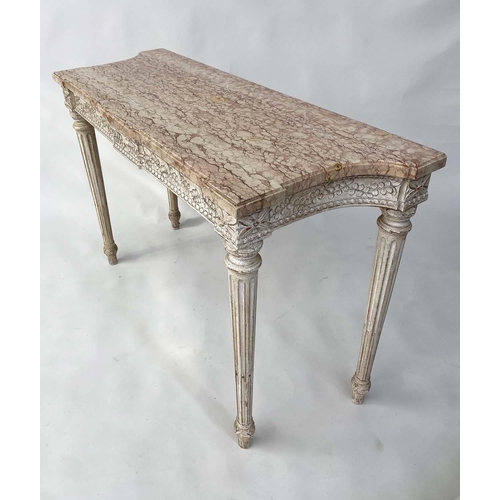 112 - CONSOLE TABLE, French Louis XVI style with variegated striated marble on carved and painted two draw... 