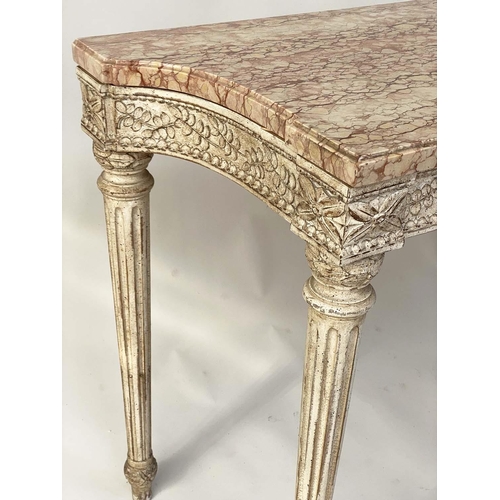 112 - CONSOLE TABLE, French Louis XVI style with variegated striated marble on carved and painted two draw... 