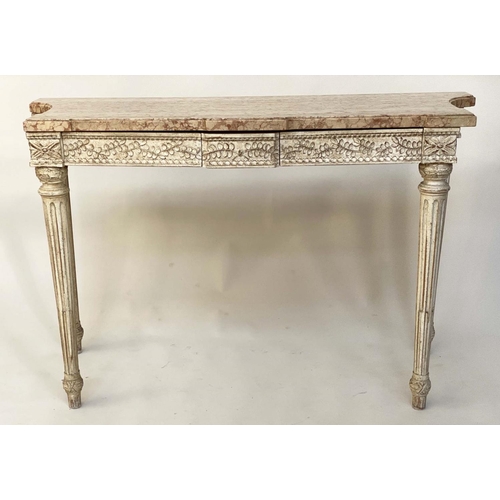 112 - CONSOLE TABLE, French Louis XVI style with variegated striated marble on carved and painted two draw... 