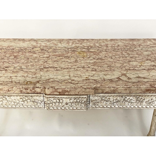 112 - CONSOLE TABLE, French Louis XVI style with variegated striated marble on carved and painted two draw... 