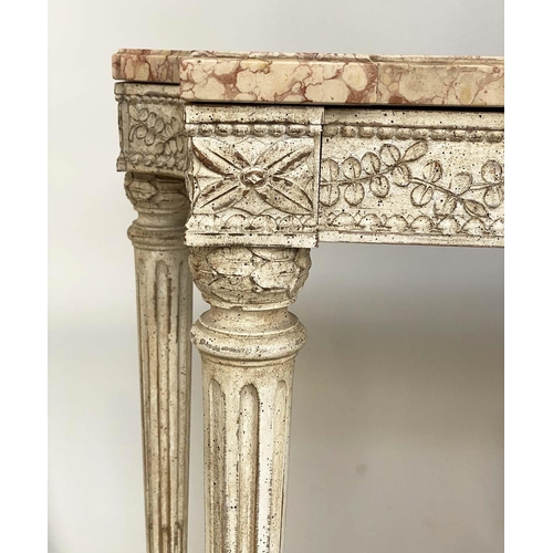 112 - CONSOLE TABLE, French Louis XVI style with variegated striated marble on carved and painted two draw... 