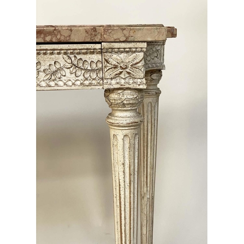 112 - CONSOLE TABLE, French Louis XVI style with variegated striated marble on carved and painted two draw... 