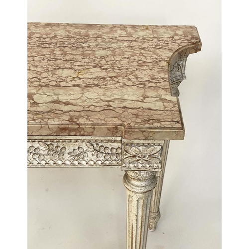 112 - CONSOLE TABLE, French Louis XVI style with variegated striated marble on carved and painted two draw... 