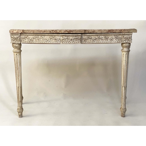 112 - CONSOLE TABLE, French Louis XVI style with variegated striated marble on carved and painted two draw... 