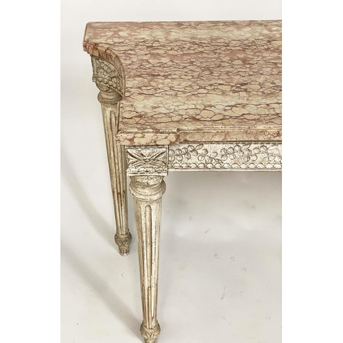 112 - CONSOLE TABLE, French Louis XVI style with variegated striated marble on carved and painted two draw... 