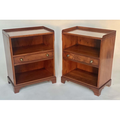 114 - SIDE CABINETS, a pair, George III style burr yewwood each galleried with two shelves and drawer (by ... 