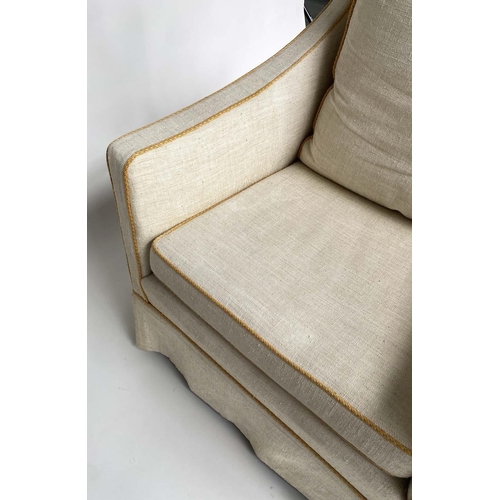 120 - ARMCHAIR, linen twill upholstered and contrast piping with seat and back cushions, 75cm W.