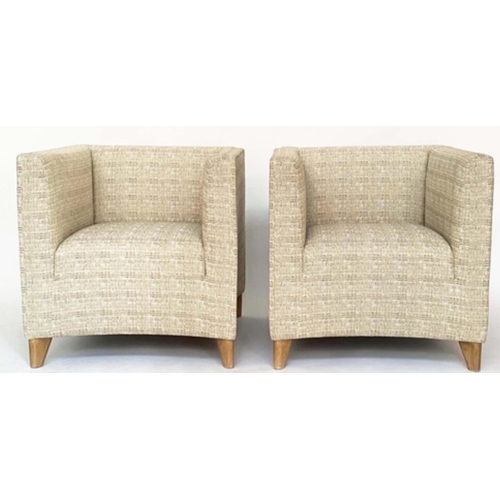 123 - WITTMAN ARMCHAIRS, a pair 'Wittman' tub form and concave sides with oatmeal/mustard upholstery (labe... 