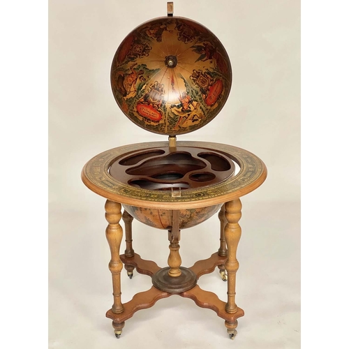 127 - GLOBE COCKTAIL CABINET, in the form of an antique terrestrial globe on stand with rising 'lid' and f... 