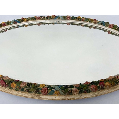 128 - BARBOLA WALL MIRROR, early/mid 20th century large oval flower encrusted frame, 112cm W x 85cm H.