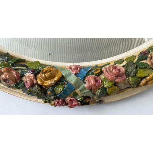 128 - BARBOLA WALL MIRROR, early/mid 20th century large oval flower encrusted frame, 112cm W x 85cm H.