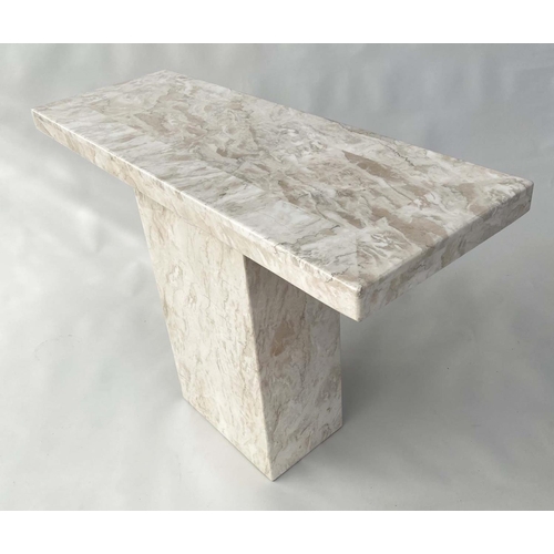 129 - TRAVERTINE CONSOLE TABLE, Italian rectangular banded top on conforming plinth support, 110cm W x 40c... 