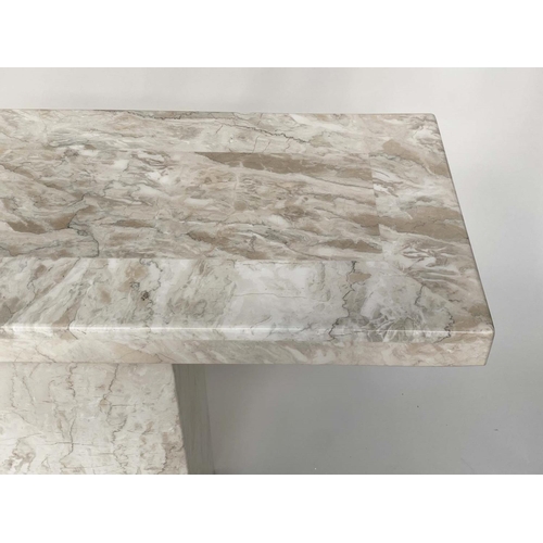 129 - TRAVERTINE CONSOLE TABLE, Italian rectangular banded top on conforming plinth support, 110cm W x 40c... 