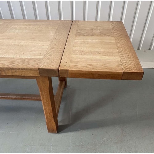 130 - EXTENDING OAK REFECTORY DINING TABLE, solid oak parquetry panelled with substantial chamfered suppor... 