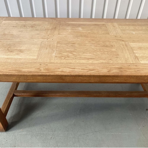 130 - EXTENDING OAK REFECTORY DINING TABLE, solid oak parquetry panelled with substantial chamfered suppor... 