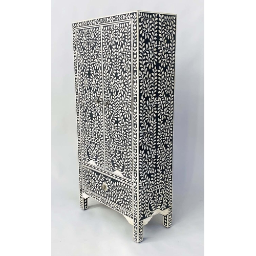 166 - HALL CUPBOARD, Polynesian style bone inlaid with two doors enclosing shelves above a drawer, 71cm W ... 