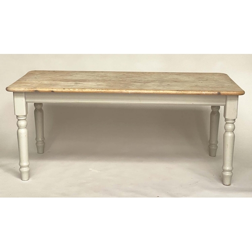 170 - COUNTRY TABLE, rectangular pine with moulded top and grey painted turned supports, 183cm x 93cm D x ... 