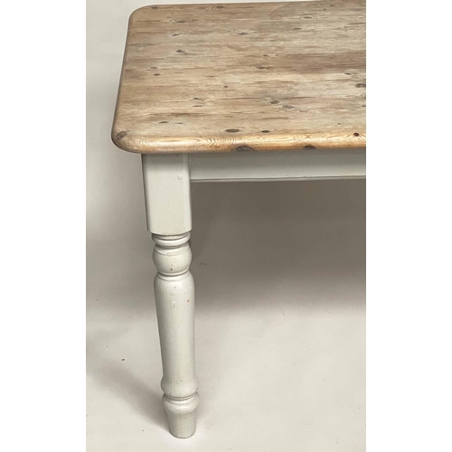 170 - COUNTRY TABLE, rectangular pine with moulded top and grey painted turned supports, 183cm x 93cm D x ... 