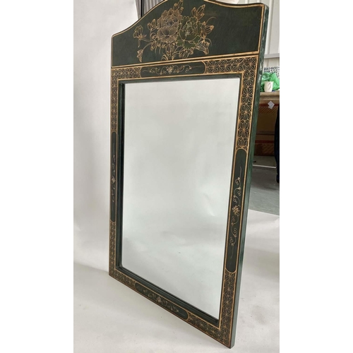 171 - WALL MIRRORS, including an arched green lacquered and gilt Chinoiserie decorated, 56cm W x 97cm H, t... 