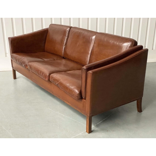 302 - DANISH SOFA, 1970s Danish three seater grained mid brown leather upholstered with teak supports, 207... 