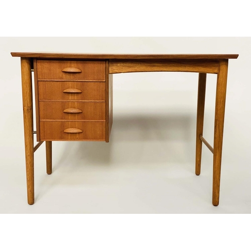 310 - DANISH DESK, 1970s Danish teak with bank of four drawers and turned tapering supports, 102cm W x 57c... 