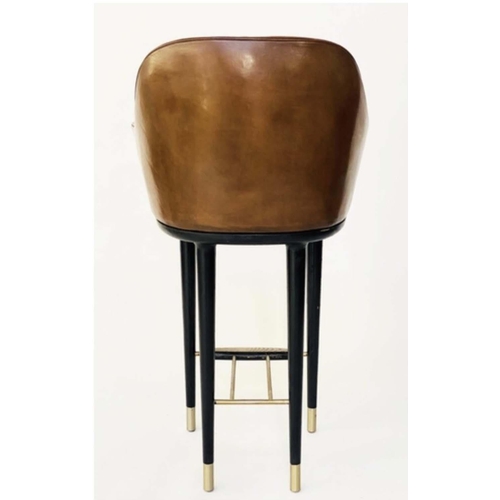 313 - BAR STOOLS, a pair, 1970s Danish style, tan leather raised upon tapering brass tipped supports with ... 