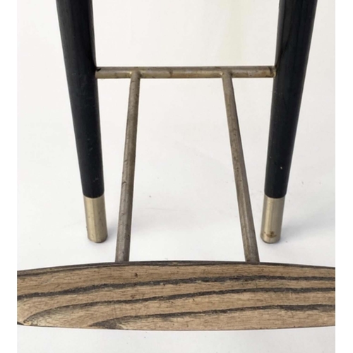 313 - BAR STOOLS, a pair, 1970s Danish style, tan leather raised upon tapering brass tipped supports with ... 