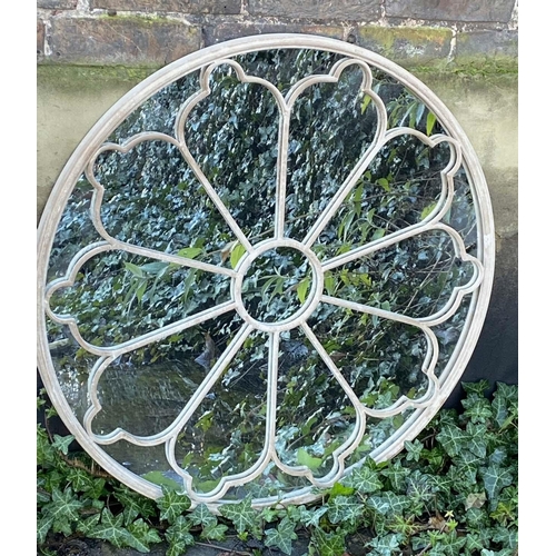 374 - ARCHITECTURAL GARDEN MIRRORS, pair, 80cm diameter, aged grey painted frames. (2)