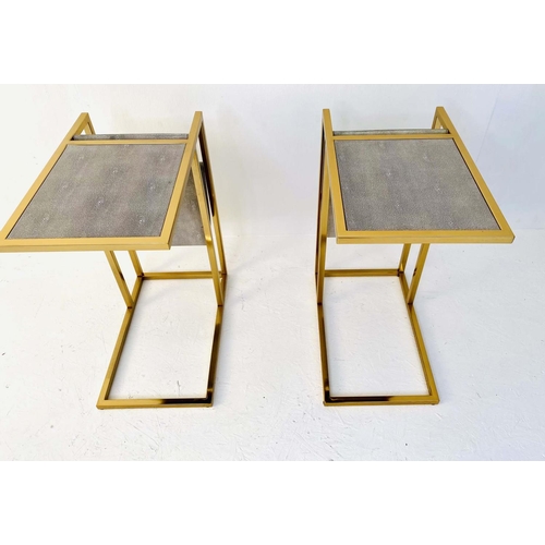 381 - SIDE TABLES, pair, 61cm H x 30cm W, 49cm D, faux shagreen with gilt metal frames with sling reading ... 