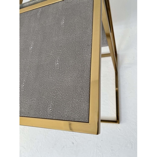 381 - SIDE TABLES, pair, 61cm H x 30cm W, 49cm D, faux shagreen with gilt metal frames with sling reading ... 