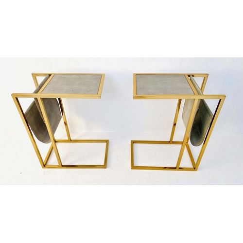 381 - SIDE TABLES, pair, 61cm H x 30cm W, 49cm D, faux shagreen with gilt metal frames with sling reading ... 