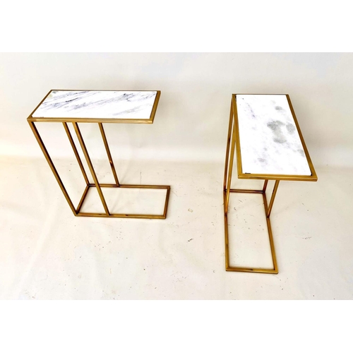 394 - MARTINI TABLES, pair, 60cm H x 46cm W x 22cm D, gilt metal frames with inset white marble tops. (2)